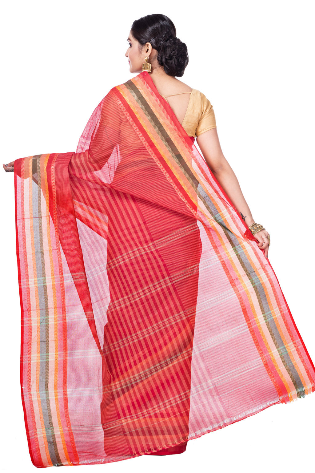 Red Pure Cotton Khajur_Churi_Strip Tant Saree (655)